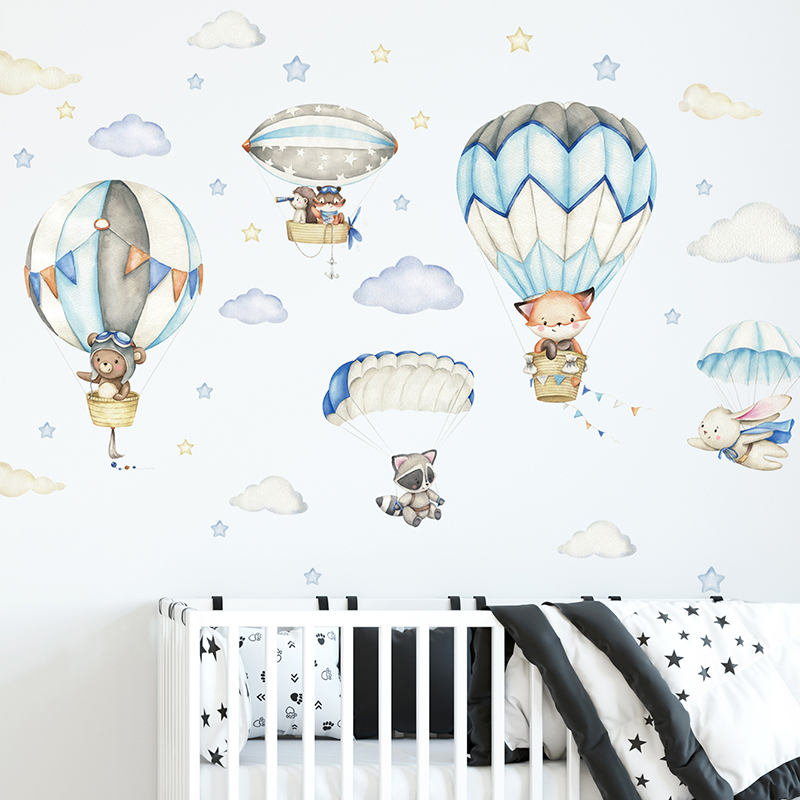 Cartoon Cute Animals Hot Air B - Baby Nursery Decals ulasan dan harga