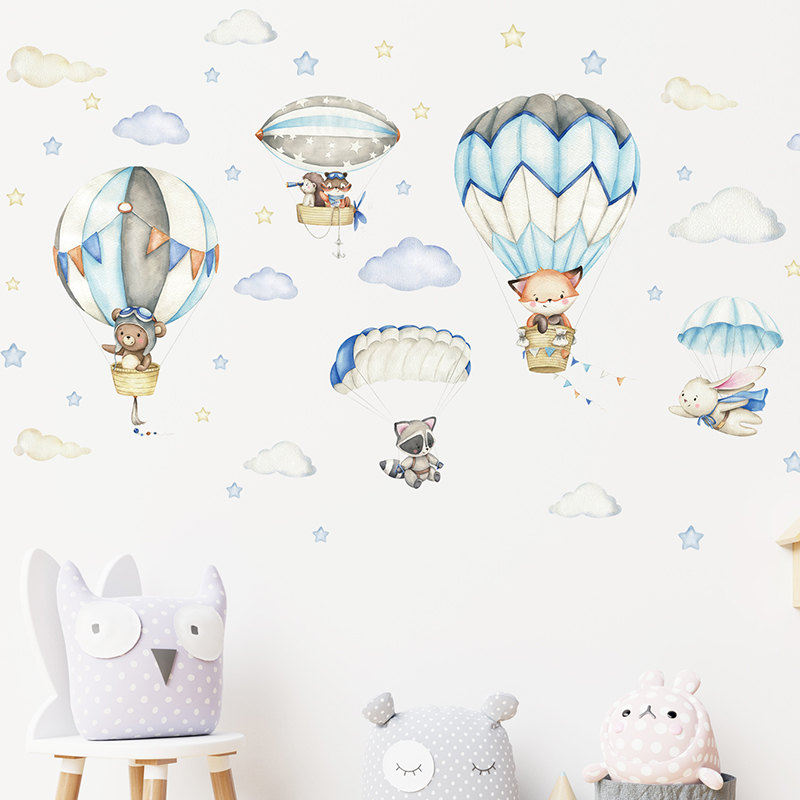 Cartoon Cute Animals Hot Air B - Baby Nursery Decals ulasan dan harga