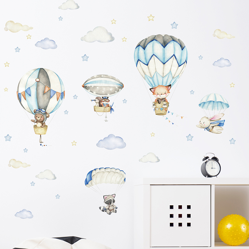 Cartoon Cute Animals Hot Air B - Baby Nursery Decals ulasan dan harga