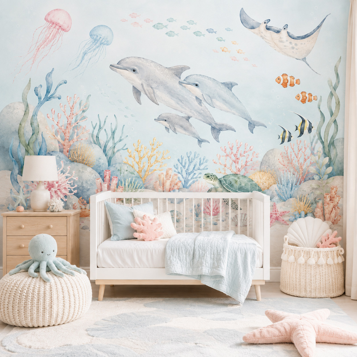 Underwater Sea Animals Self Ad - Baby Nursery Peel And Stick Wallpaper ulasan dan harga
