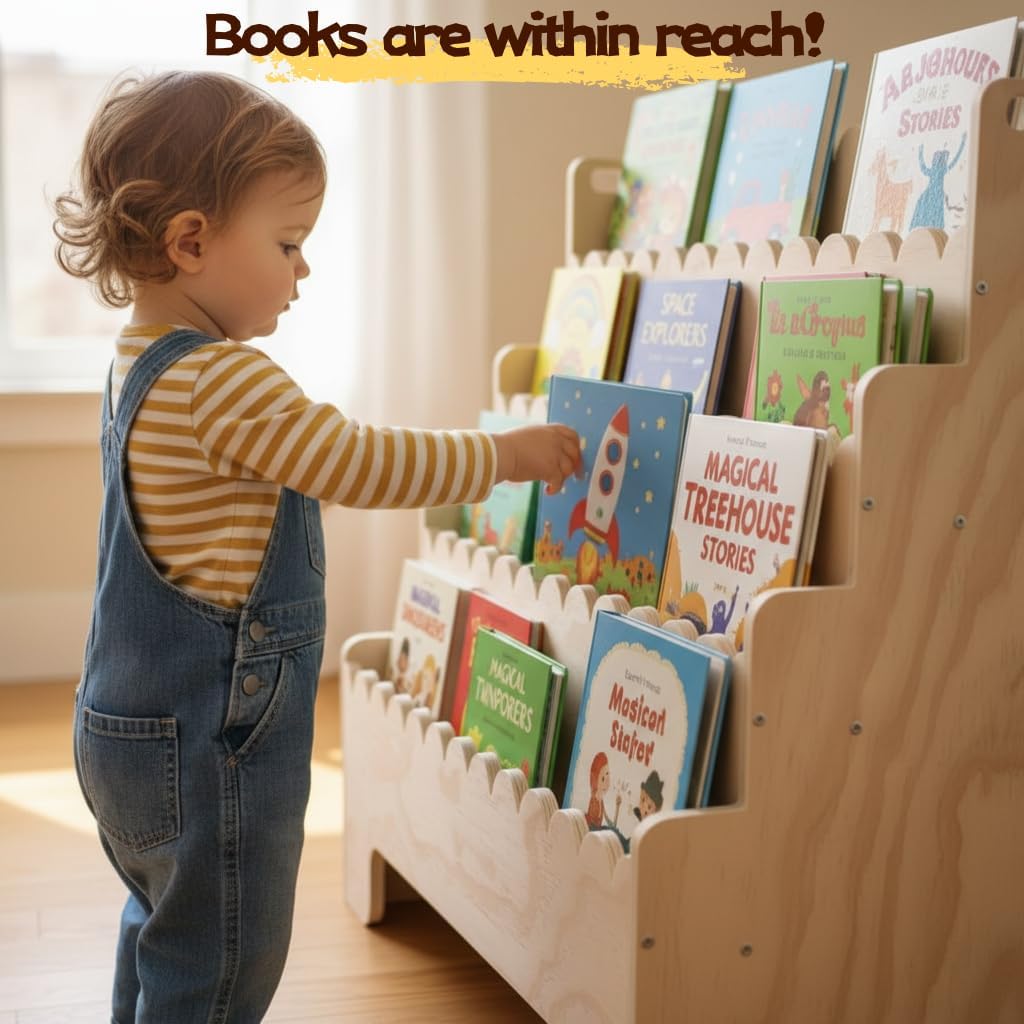Kids Bookshelf 4-Tier, Natural - Baby Nursery Shelf ulasan dan harga