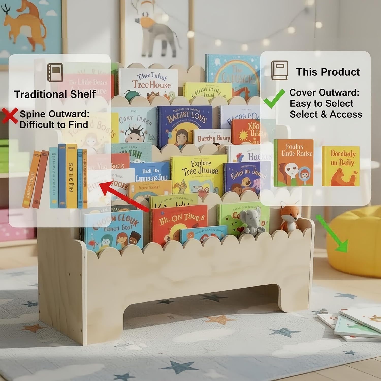 Kids Bookshelf 4-Tier, Natural - Baby Nursery Shelf ulasan dan harga